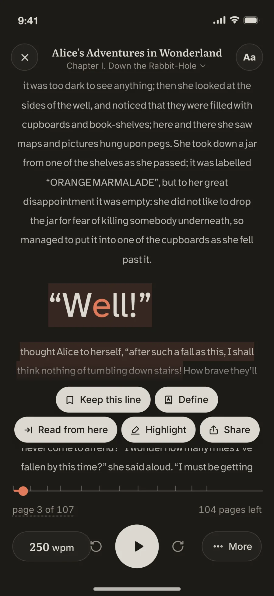 A saved line from Alice's Adventures in Wonderland, kept while reading in Paper Night.